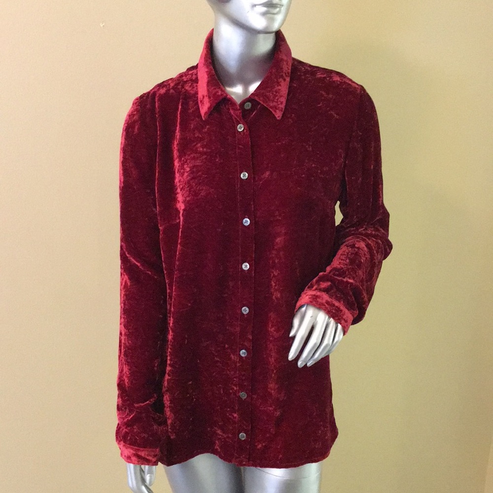 GO SILK | Red Crushed Velvet Button-up Top
